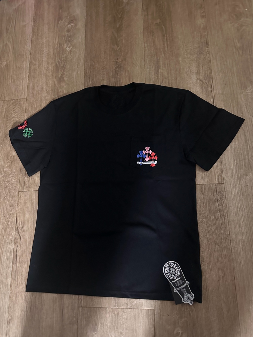 Black Pocket Tee with Multicolor Floral Embroidery